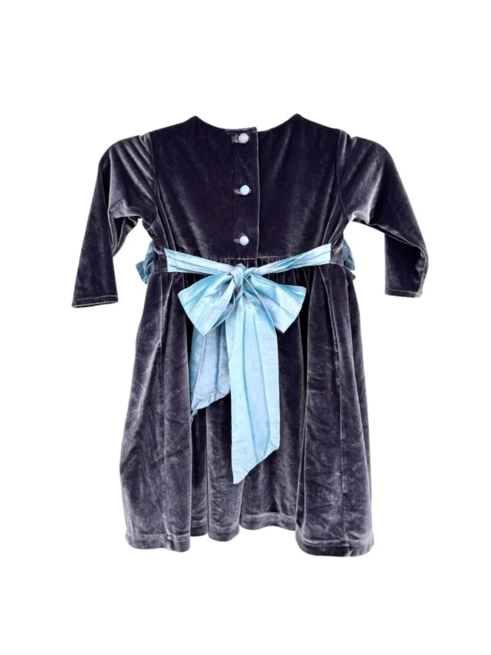 Mademoiselle Charlotte Velvet Gray Dress Blue Bow Accents Long Sleeves Size 2T
